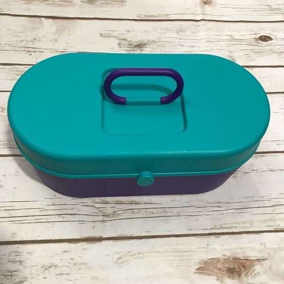 Vintage 90's Travel Case Box Makeup Teal Purple Cosmetic - Picture 7 of 14